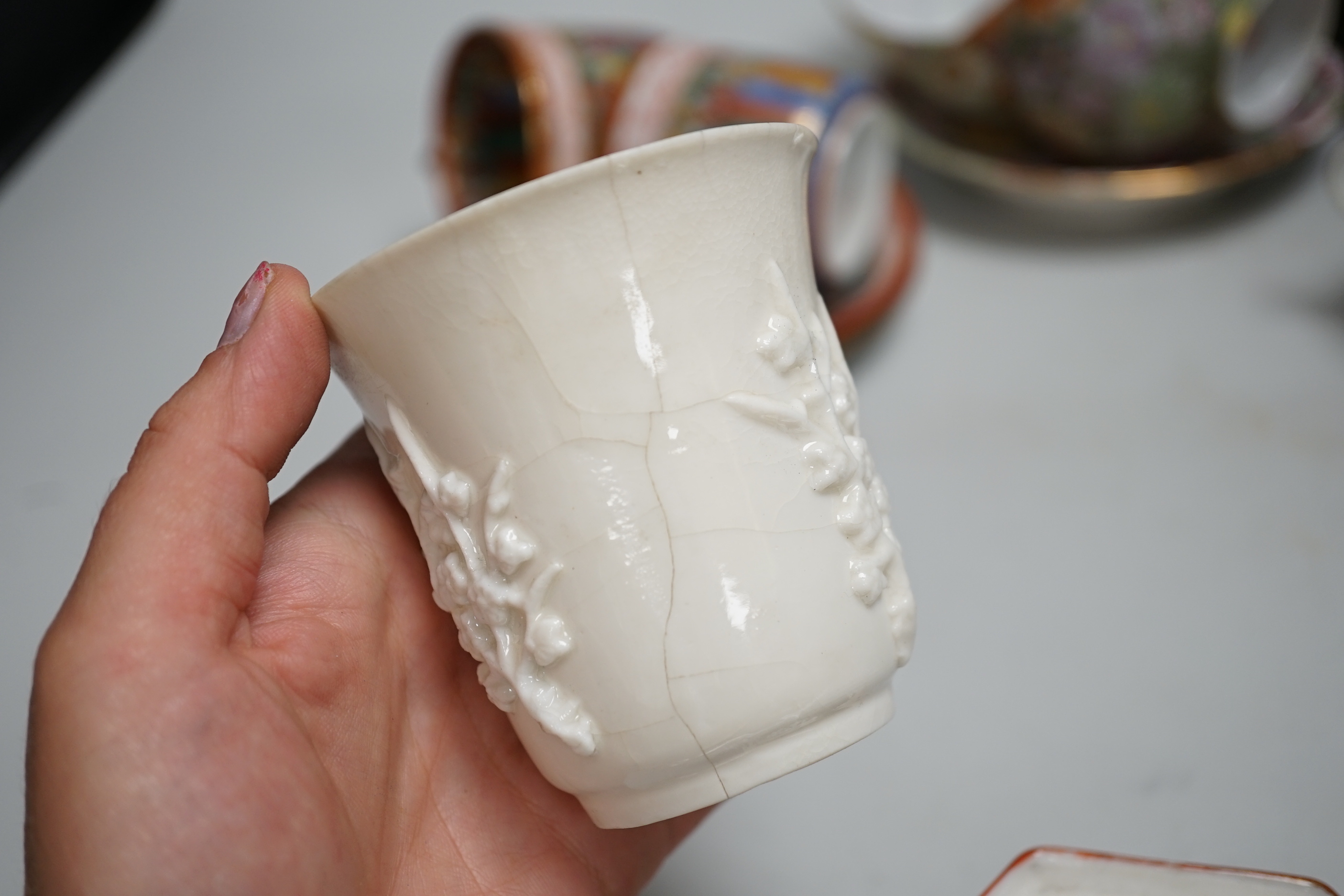 A group of various Japanese ceramics to include kutani and egg shell teawares, a Chinese crackle glaze jardiniere and another, a Chinese crackleware bowl and a blanc de chine cup